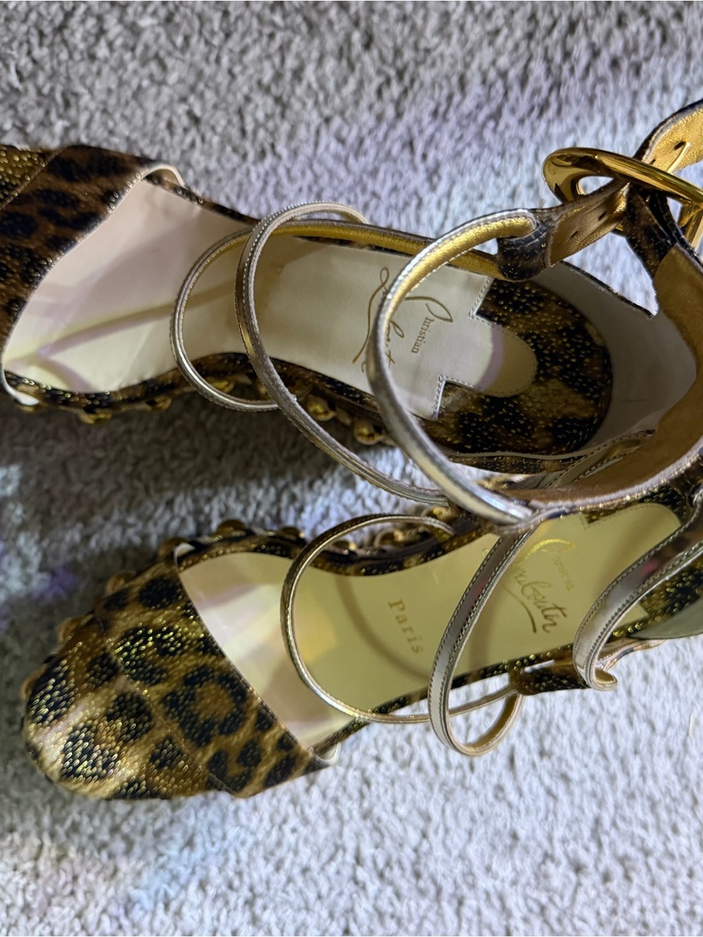 Christian Louboutin Gold Leopard-Print Ankle-Strap Heels